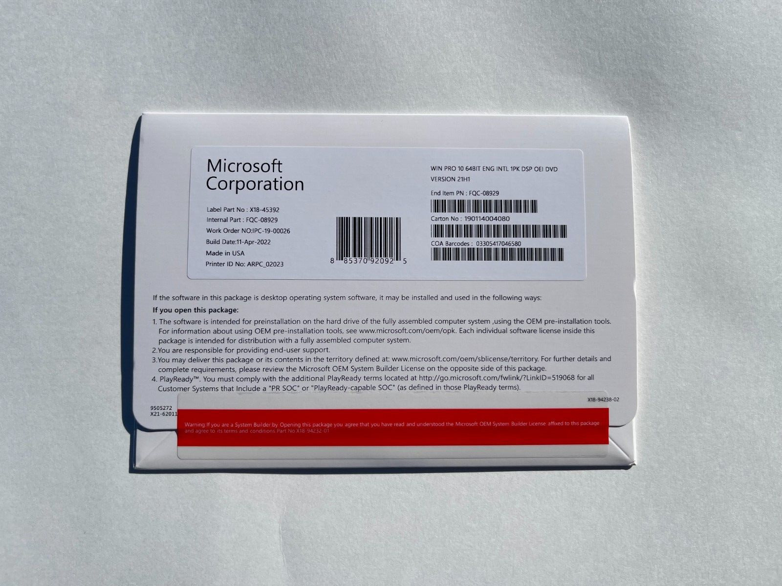 Microsoft Windows 10 Pro 64Bit ENGLISH DVD & Key Operating System New Sealed