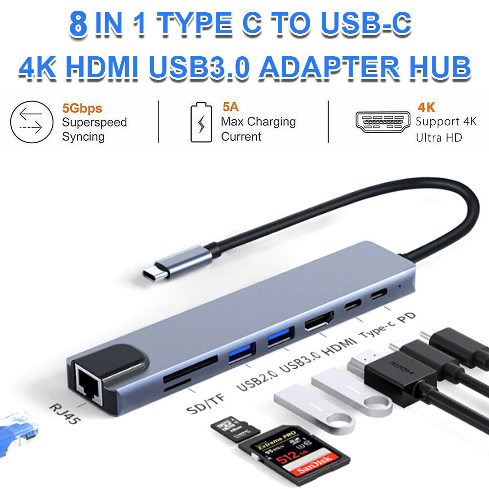 8in1 USB-C Hub Type C To USB 3.0 4K HDMI RJ45 PD Adapter For iPhone Macbook Air