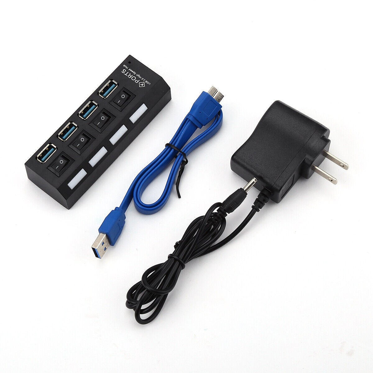 4 7 Port USB 3.0 2.0 High Speed Hub Powered Splitter ON/OFF Switch Power Adapter