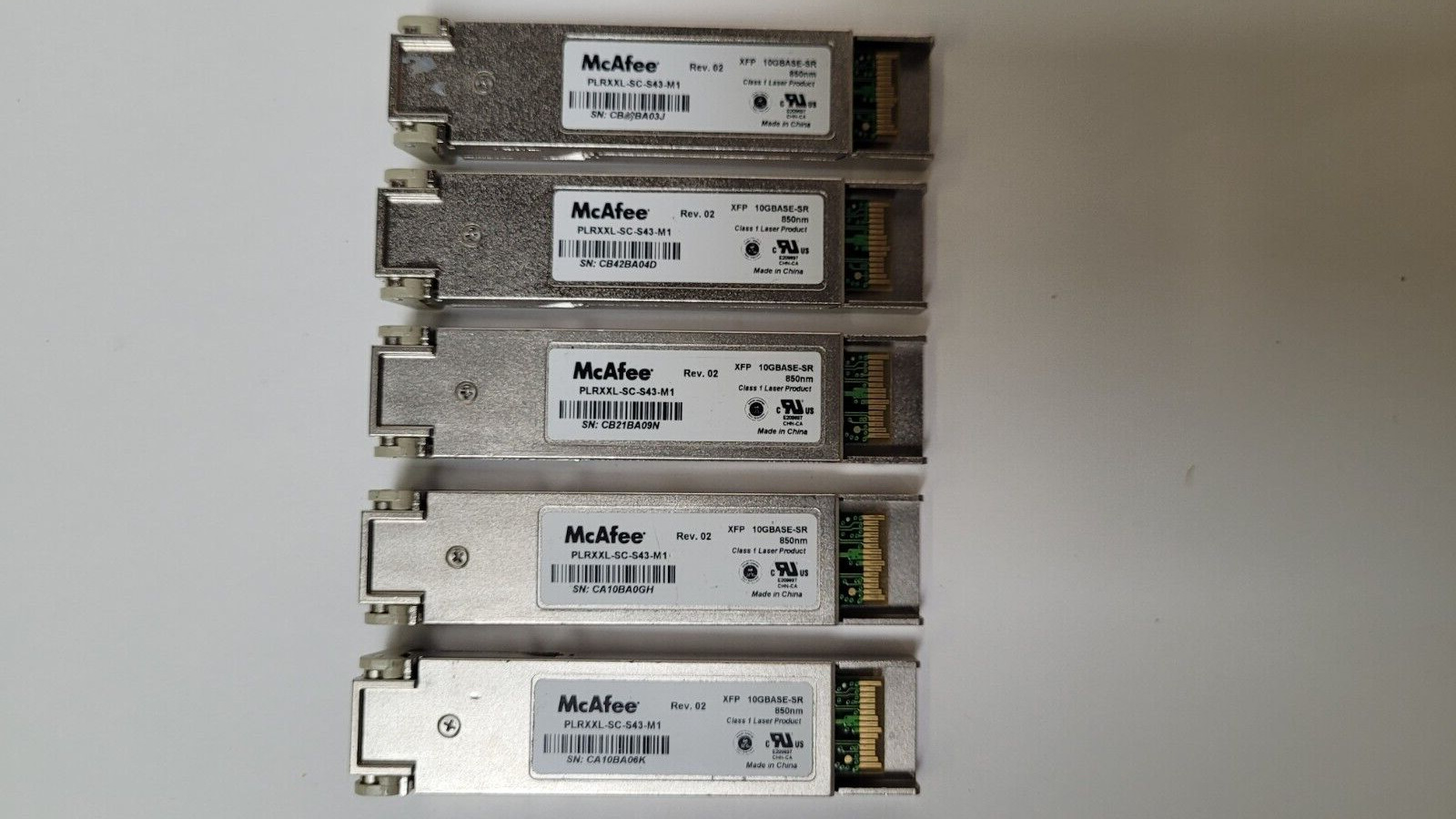 McAfee PLRXXL-SC-S43-M1 XFP 10GBase-SR 850nm Transceivers - Lot of 5
