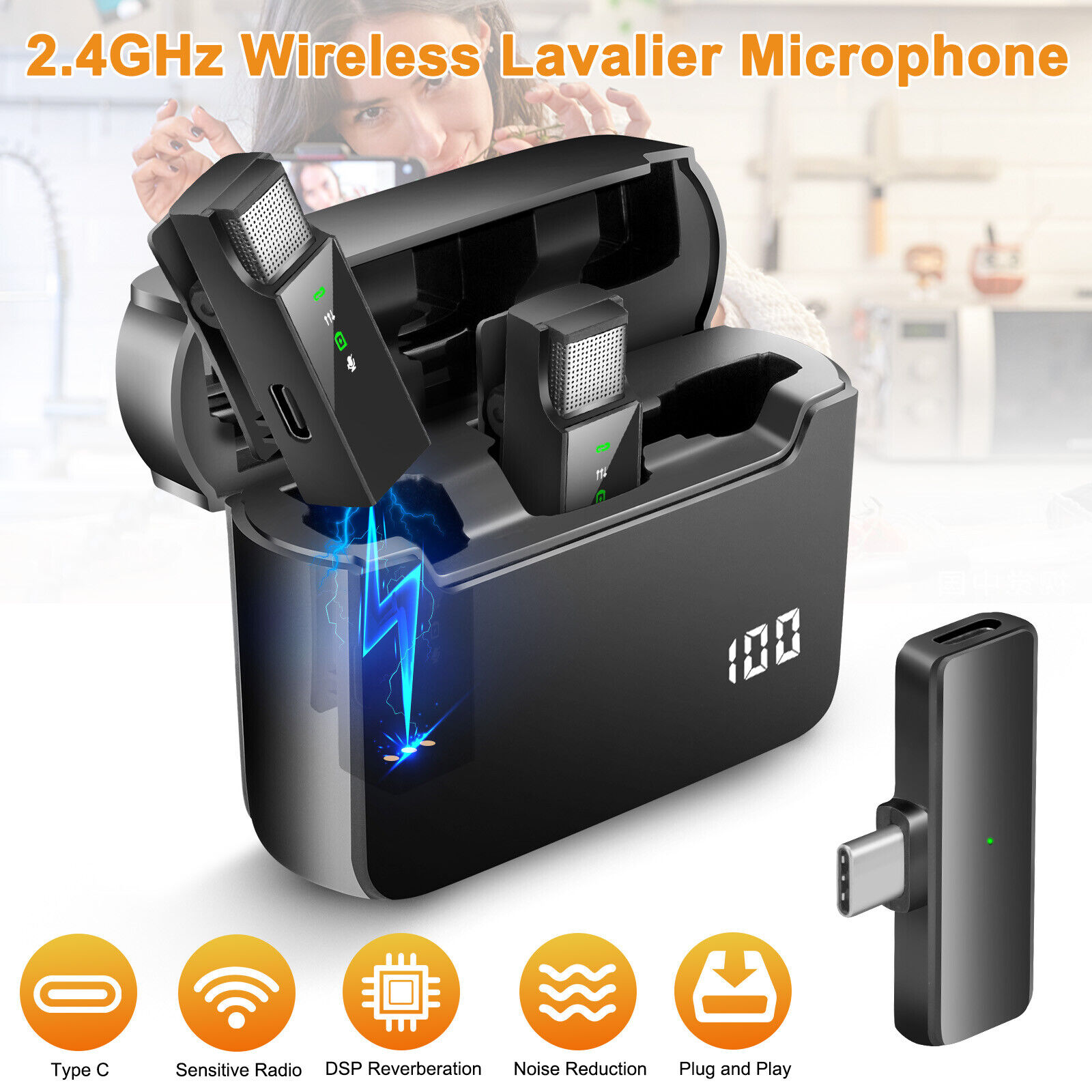 Wireless Lavalier Microphone for iPhone 15/Android 2.4Ghz Noise Cancellation Mic