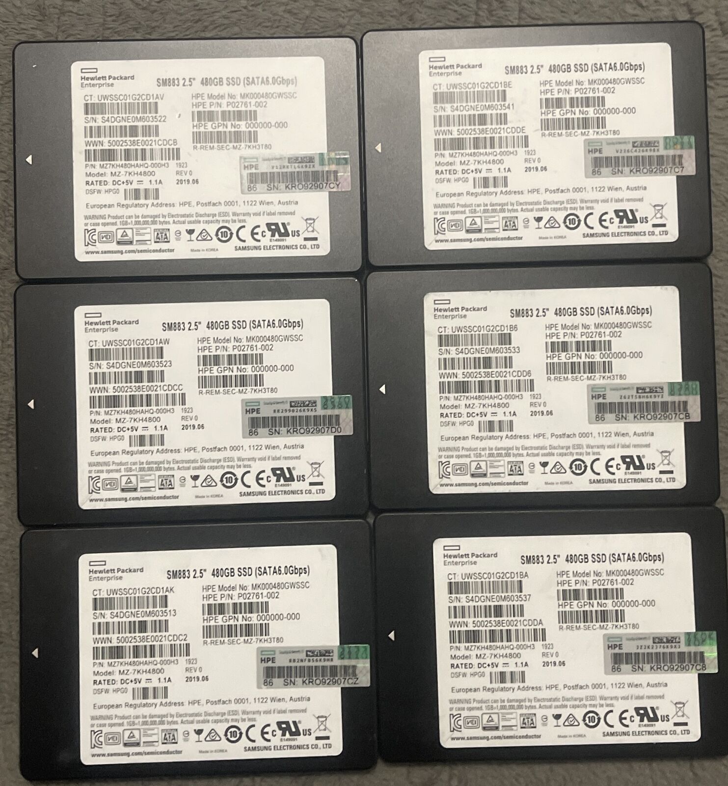 LOT OF 6 HPE HP 480GB 2.5\