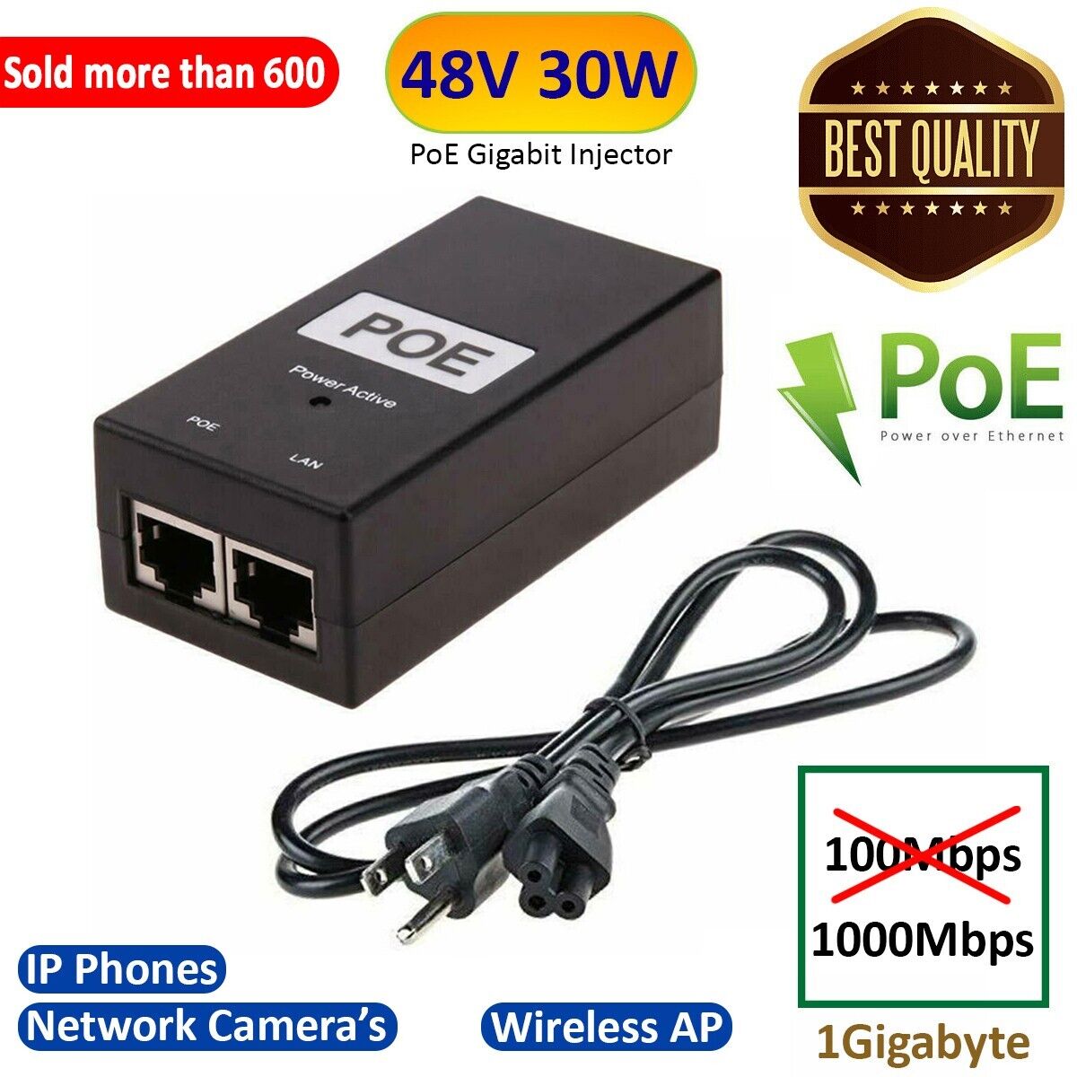 POE Injector 48V 30W PowerOver Ethernet Adapter For IP Phone Camera IEEE 802.3af