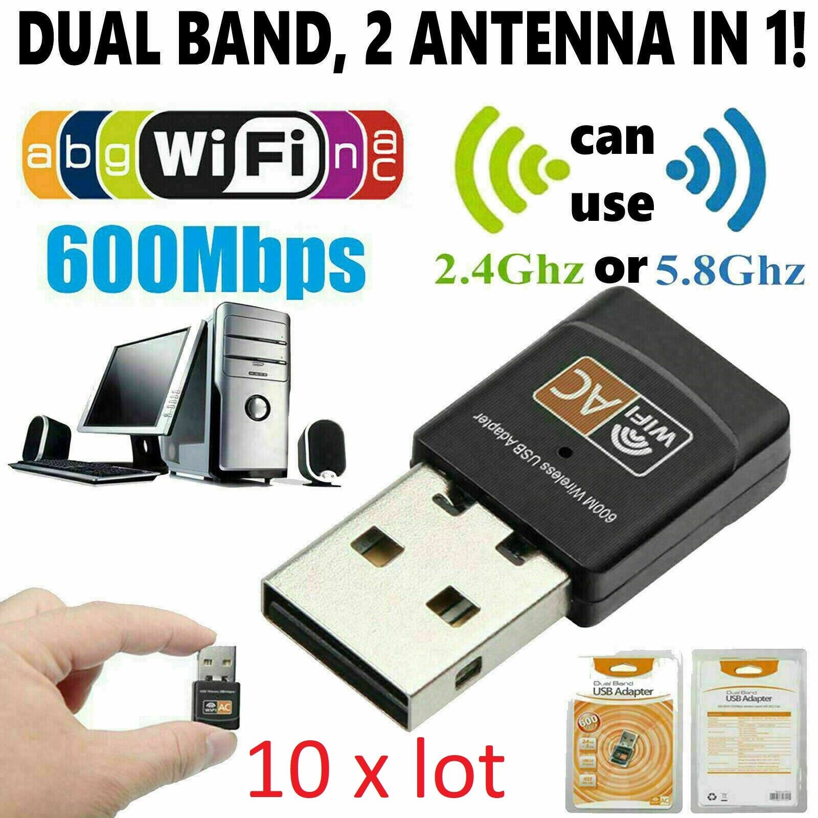 10 X LOT AC600 Mbps Dual Band 2.4/5Ghz Wireless USB Mini WiFi Network 802.11