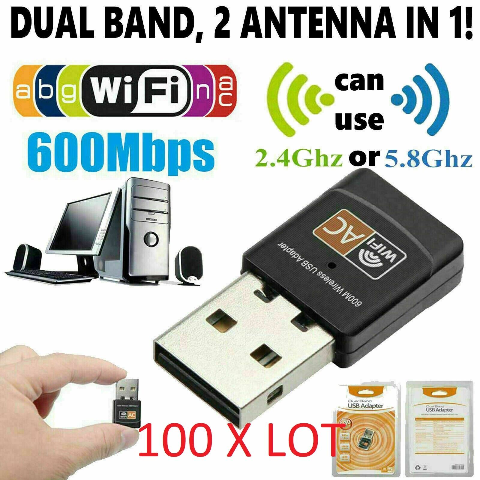 100 X LOT AC600 Mbps Dual Band 2.4/5Ghz Wireless USB Mini WiFi Network 802.11