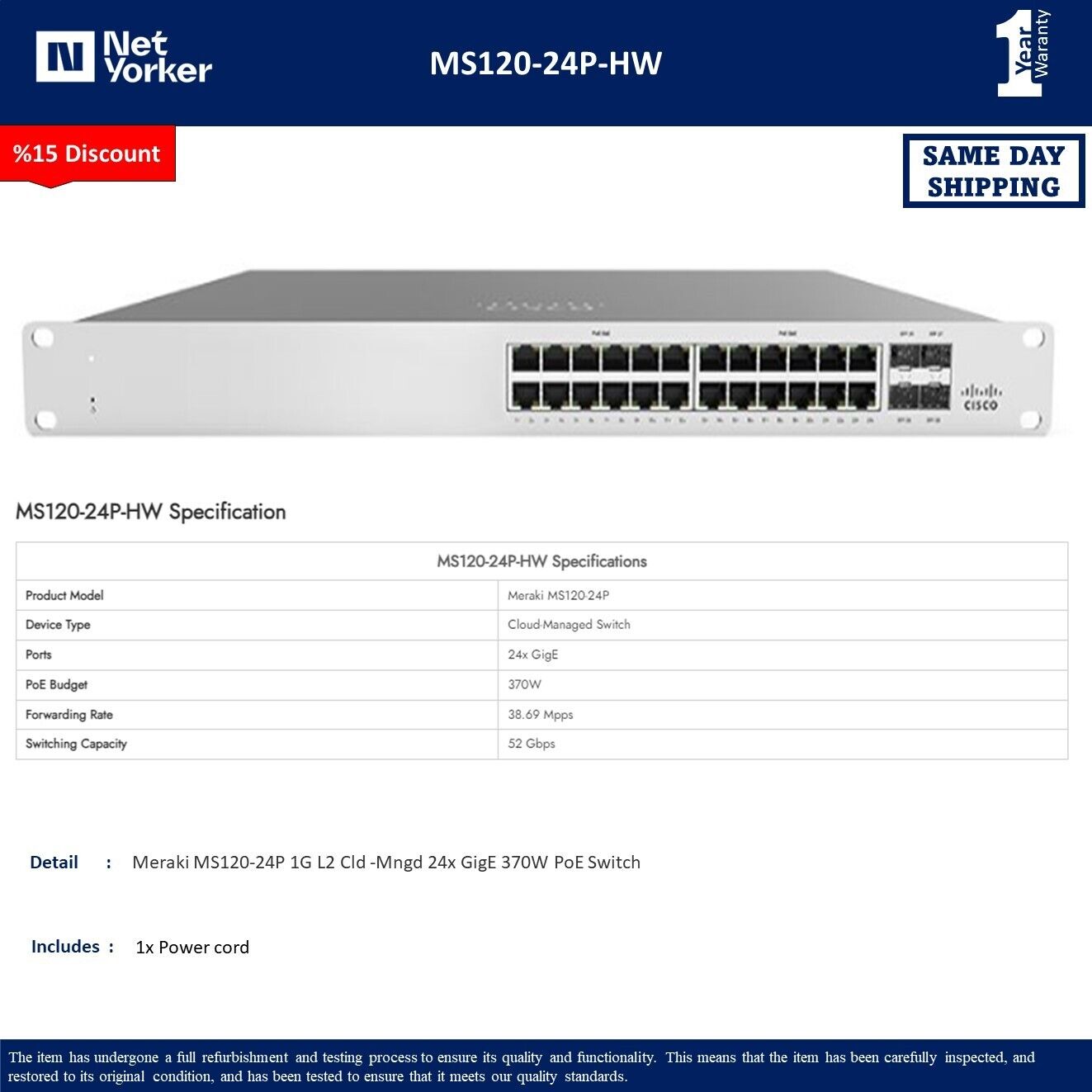 UNCLAIMED Cisco Meraki MS120-24P-HW - 24Ports Ethernet PoE Switch  Same Day Ship