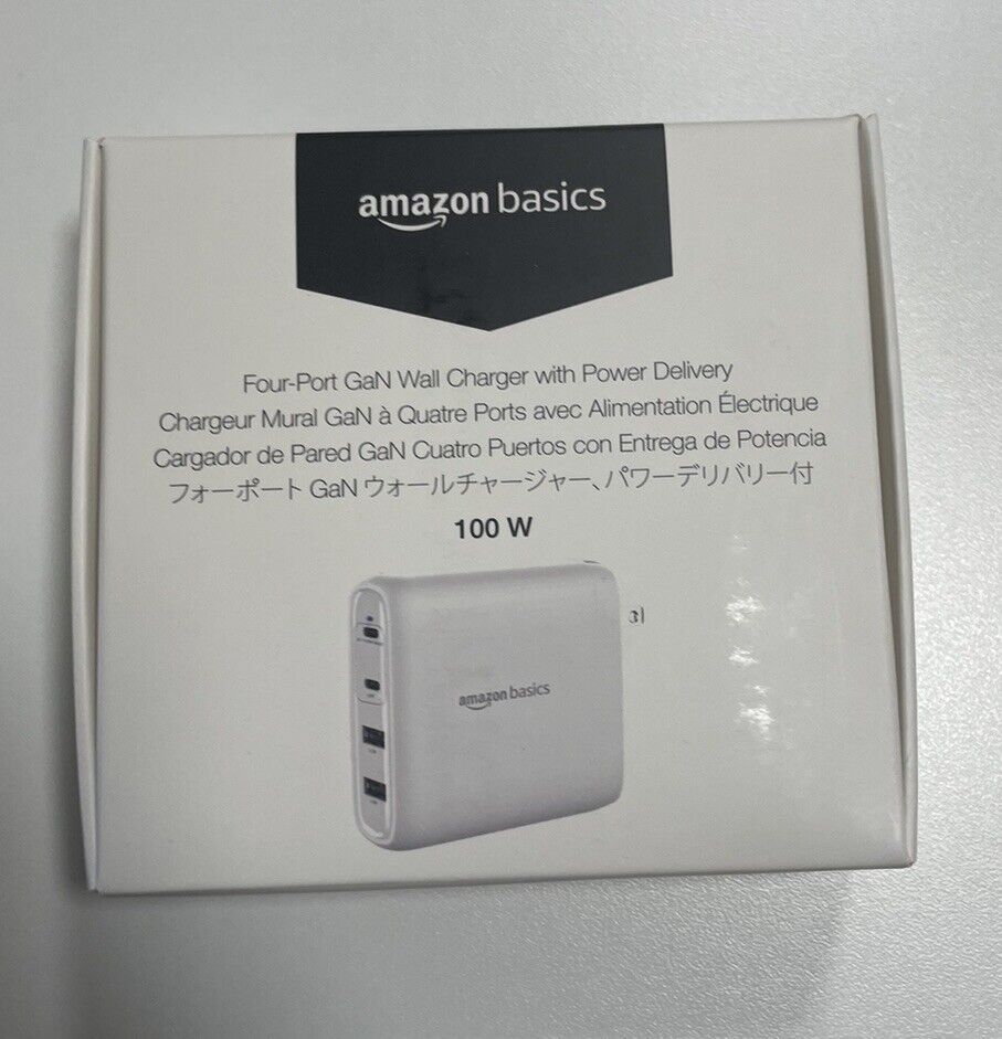 Amazon Basics Laptop & Cell 4-Port GaN Charger; 2 USB-C (100W, 18W) & 2 USB-A