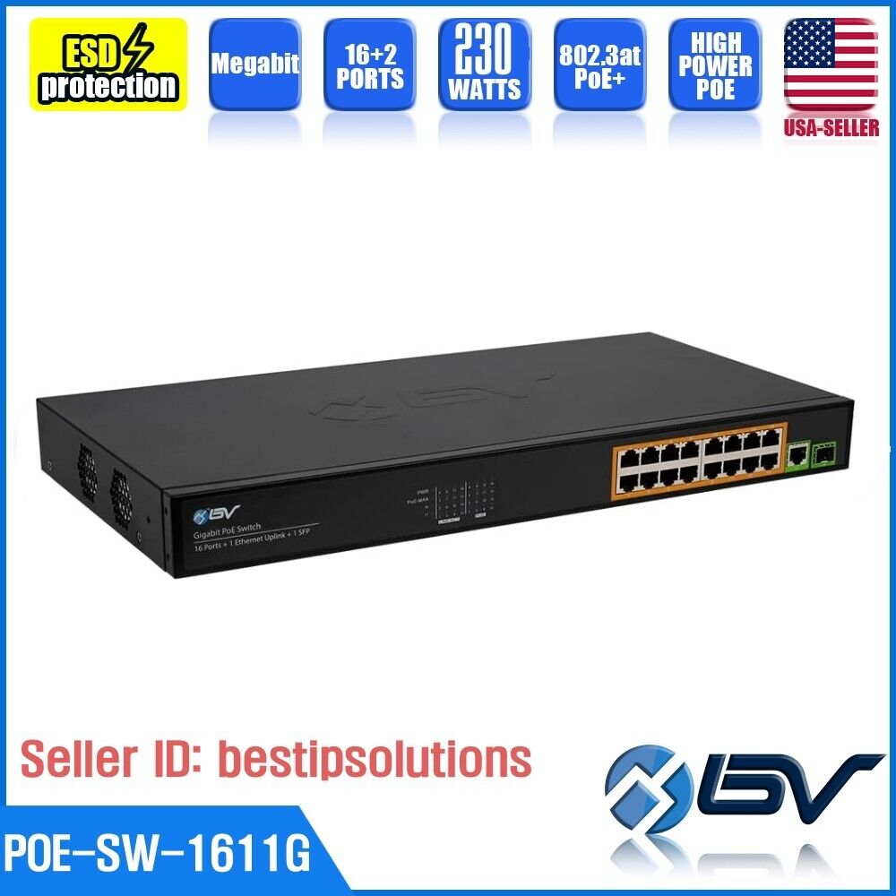 BV-Tech 16 Ports PoE+ Switch with 1 Ethernet +1 SFP Uplink | POE-SW1611G