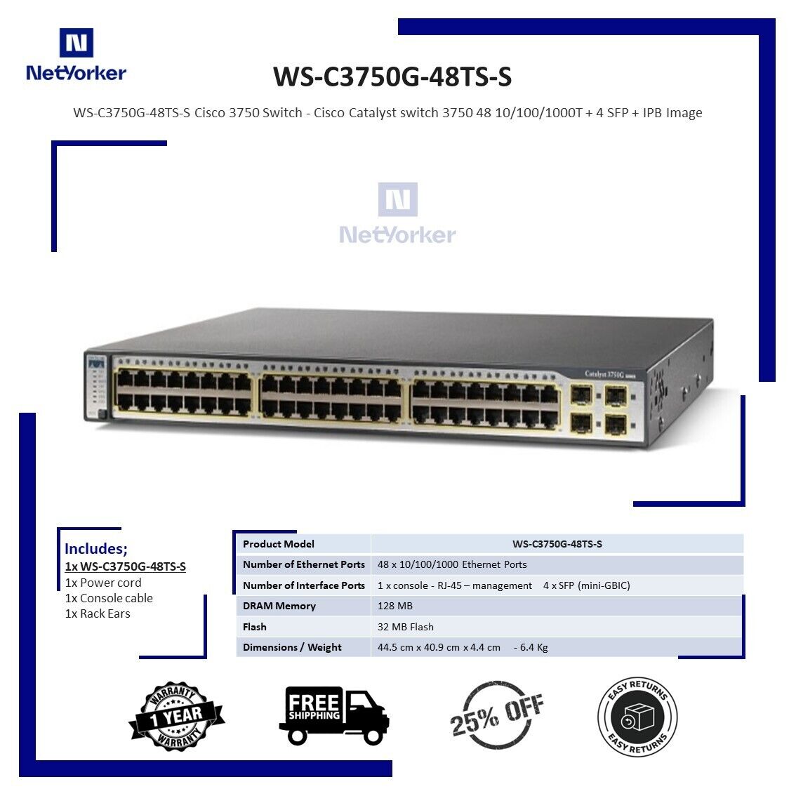 Cisco WS-C3750G-48TS-S  Catalyst 10/100/1000T Gigabit Switch  -Same Day Shipping