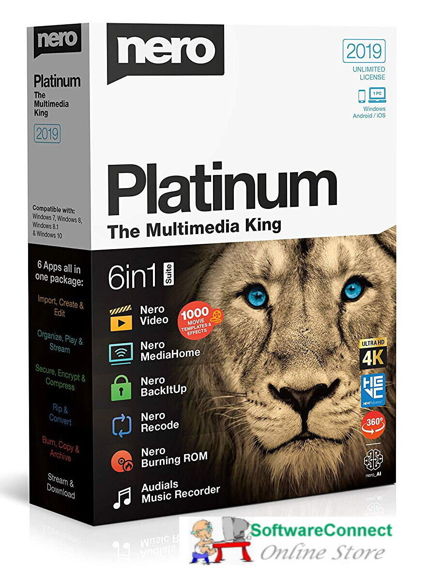 Nero 2019 Platinum 4K Ultra HD Multimedia Suite Win 11, 10, 8, 7 - 6 Apps in 1