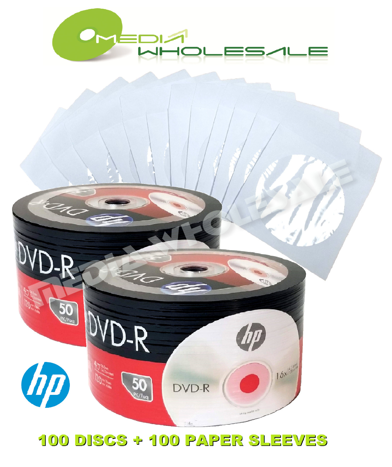 100 HP Blank 16X DVD-R Logo Branded 4.7GB  Disc +100 PREMIUM White Paper Sleeves