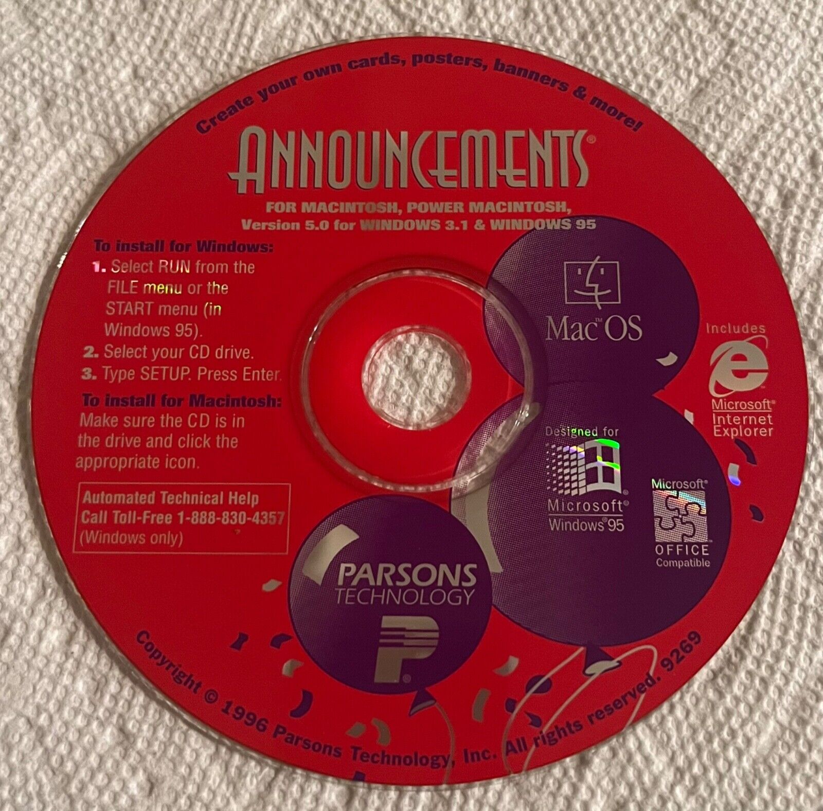 1996 Parsons Technology Announcements 5.0 CD for Mac, Windows 3.1 & 95 Vintage