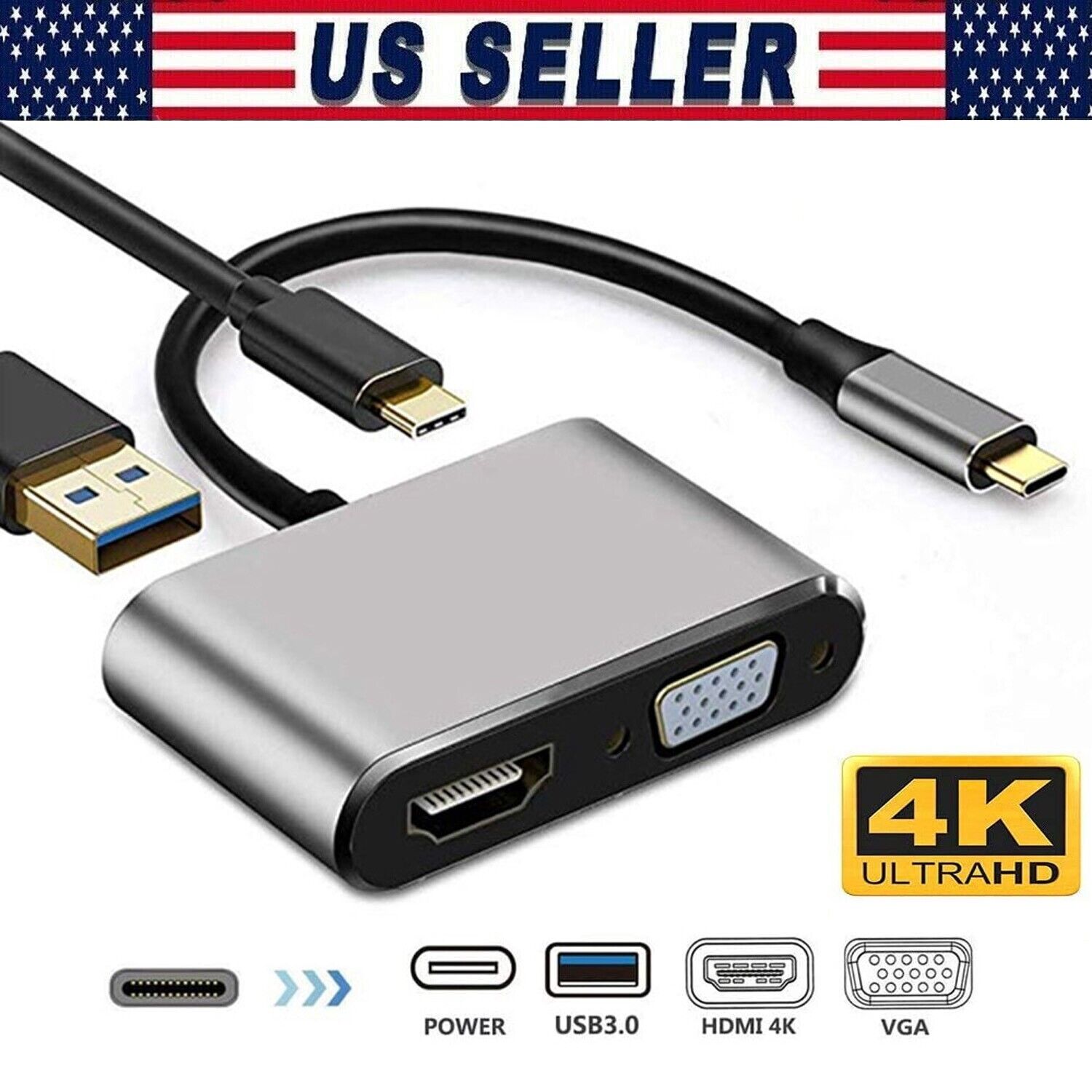 4 IN 1 USB C To HDMI 4K VGA Adapter USB 3.0 Type C to VGA HDMI Video Converter