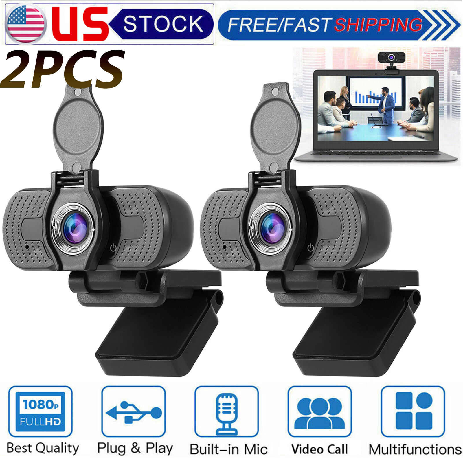 2PCS USB Webcam Full HD 1080P for Desktop Laptop Web Camera with Microphone/FHD
