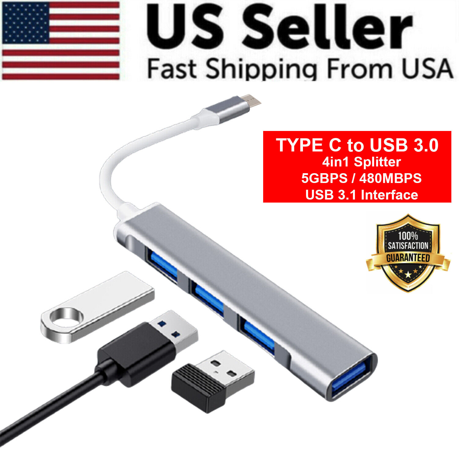 USB-C Type C to USB 3.0 4 Port Hub Splitter For PC Mac Phone MacBook Pro iPad
