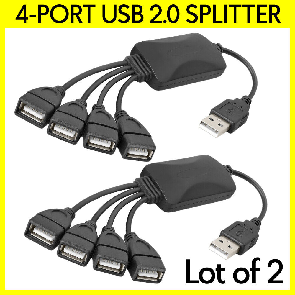 2 Pack 4-Port USB Splitter 4-Way USB 2.0 Type-A Data Charge Hub Mac PC Laptop