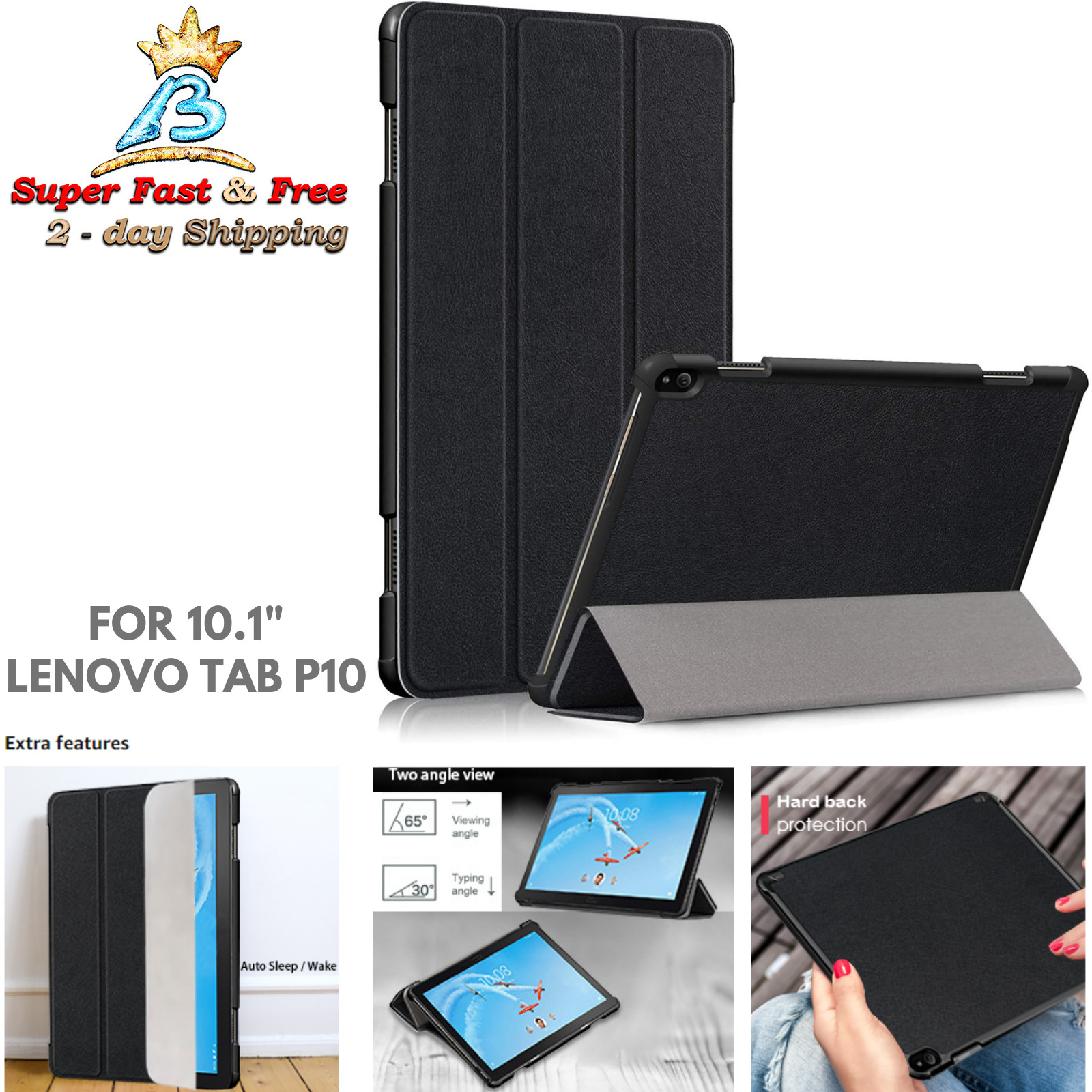 Hard Slim Case Faux Leather Smart Cover Stand Folio For Lenovo Tablet  P10 Black