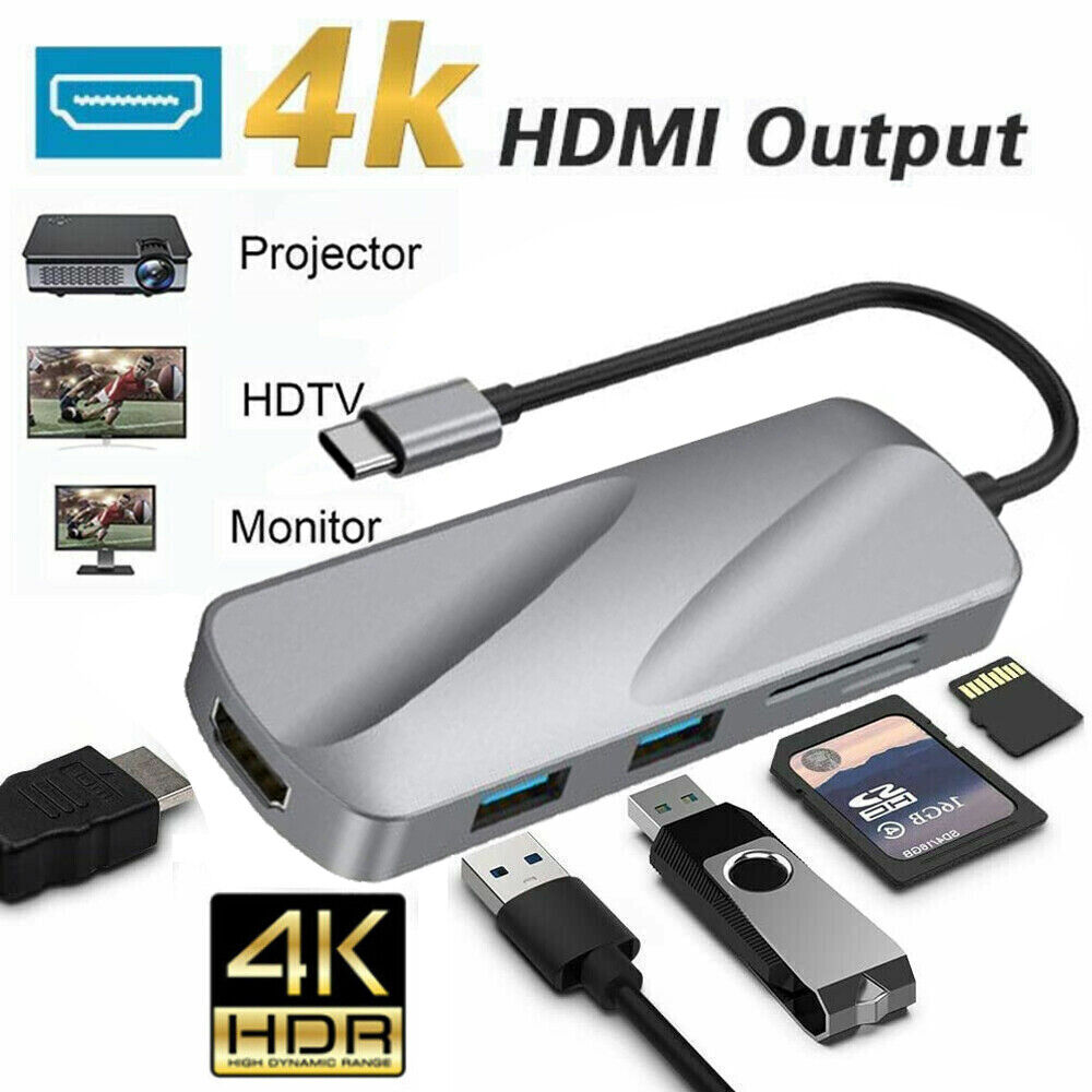 6 in 1 USB3.0 Type C Hub USB C Hub Multiport Adapter 4K HDMI Output + 2x USB 3.0