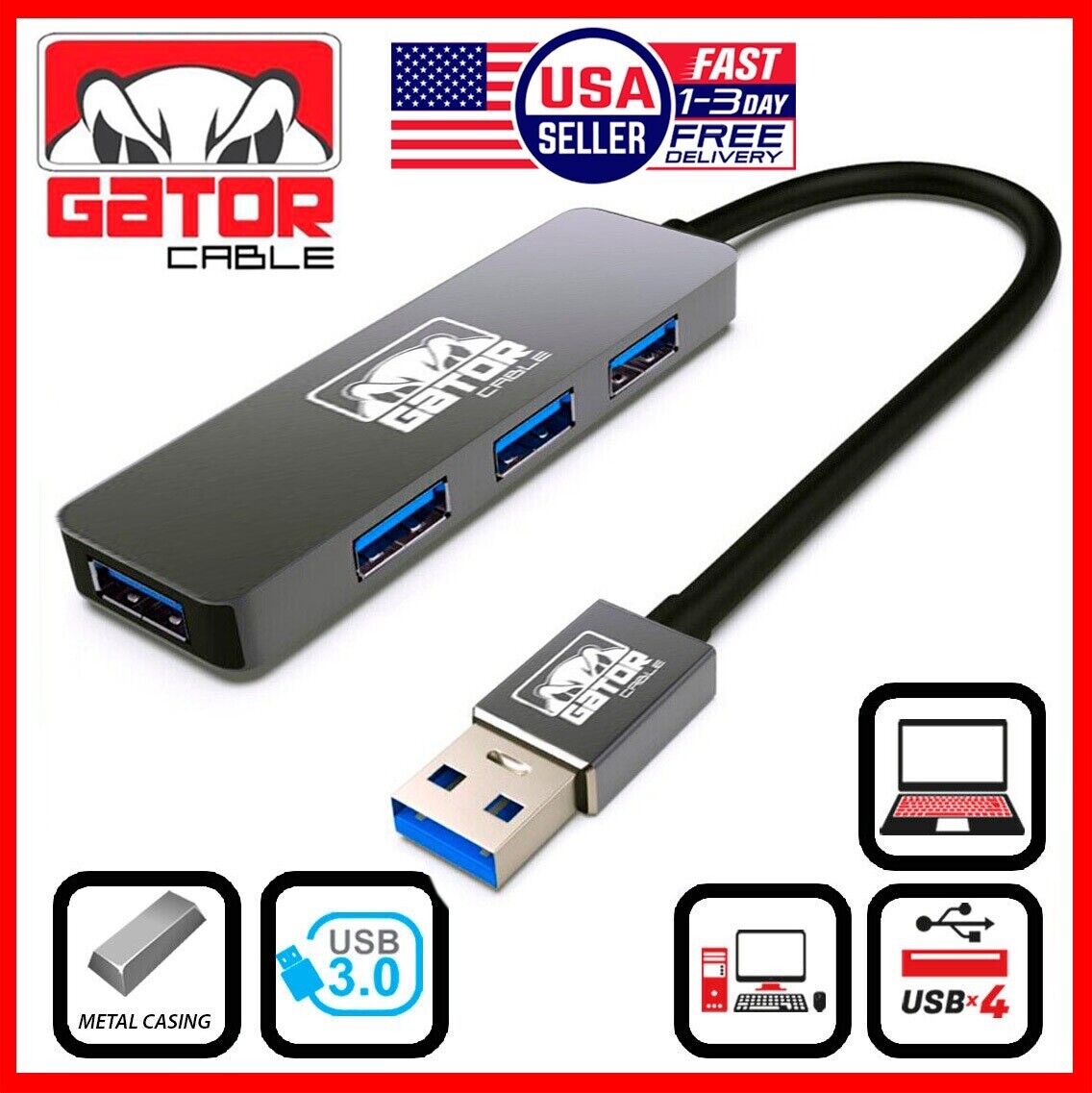 USB 3.0 Hub 4 Port Adapter Charger Data Sync Super Speed PC Mac Laptop Desktop