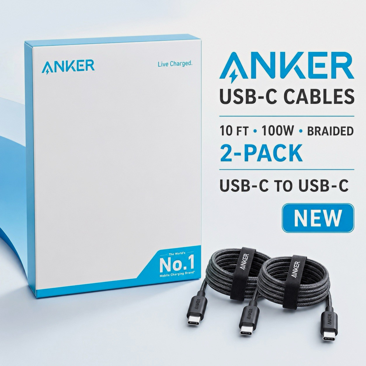 Anker USB-C to USB-C USB Cable 10 ft 100W Braided Black 2-Pack Anker USB-C to USB-C USB Cable 10 ft 100W Braided Black 2-Pack