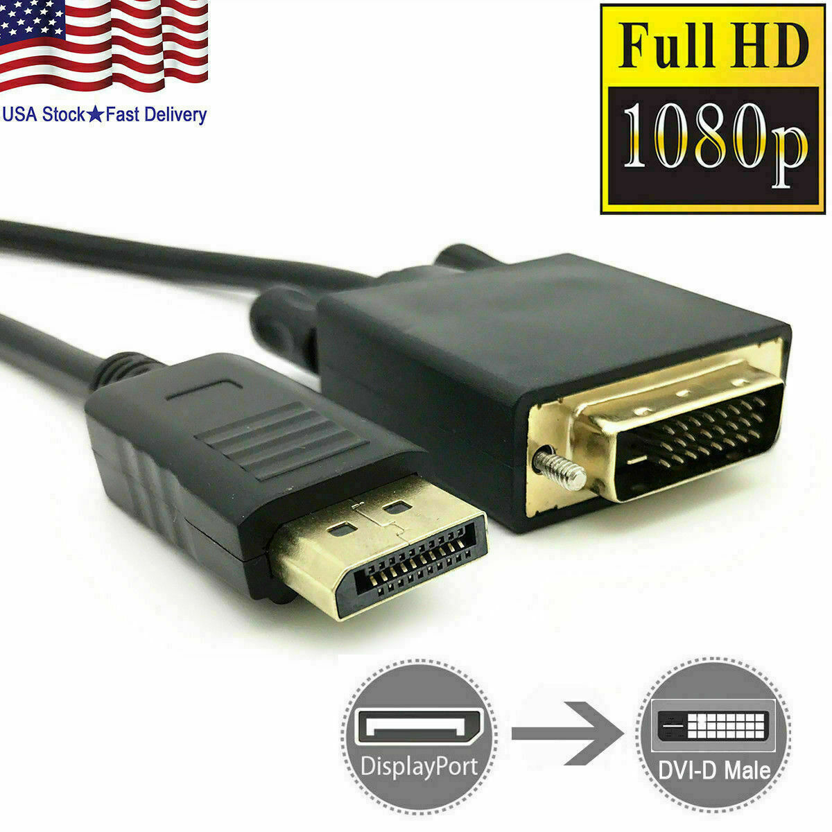 6 Feet Gold Plated DisplayPort DP to DVI-D Male Dual Link Cable Adapter 1080p 6 Feet Gold Plated DisplayPort DP to DVI-D Male Dual Link Cable Adapter 1080p