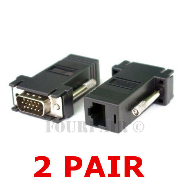 2 Pair (4 pcs) VGA SVGA to RJ45 Video Extender Adapters HD15 to CAT5e CAT6 100'