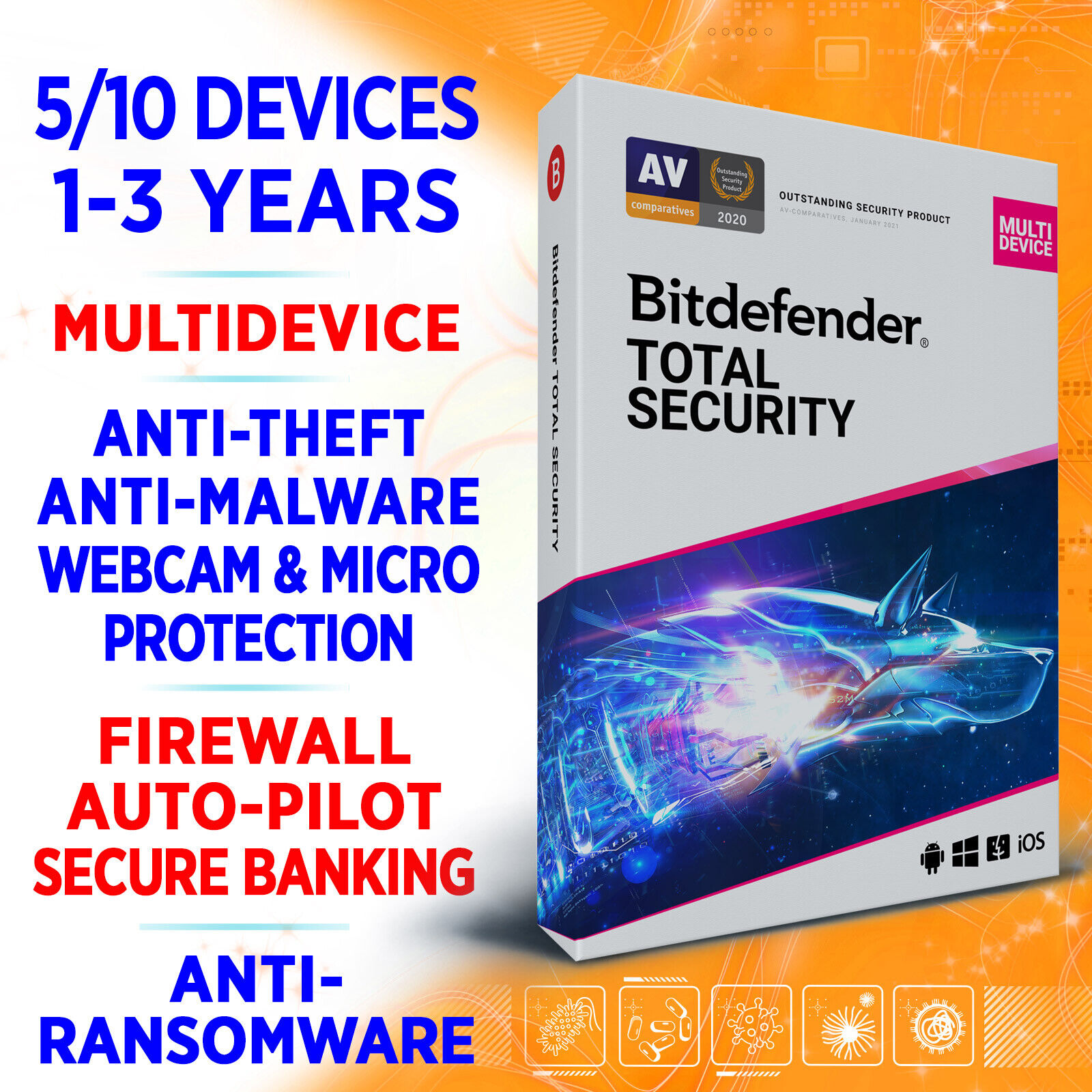 Bitdefender Total Security 2023 5-10 devices 1-2-3 years (USA / Canada) key