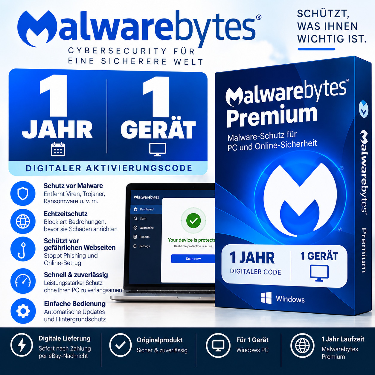 Malwarebytes Premium | 1 Year / 12 Months | 1 Device | Digital Key / Code