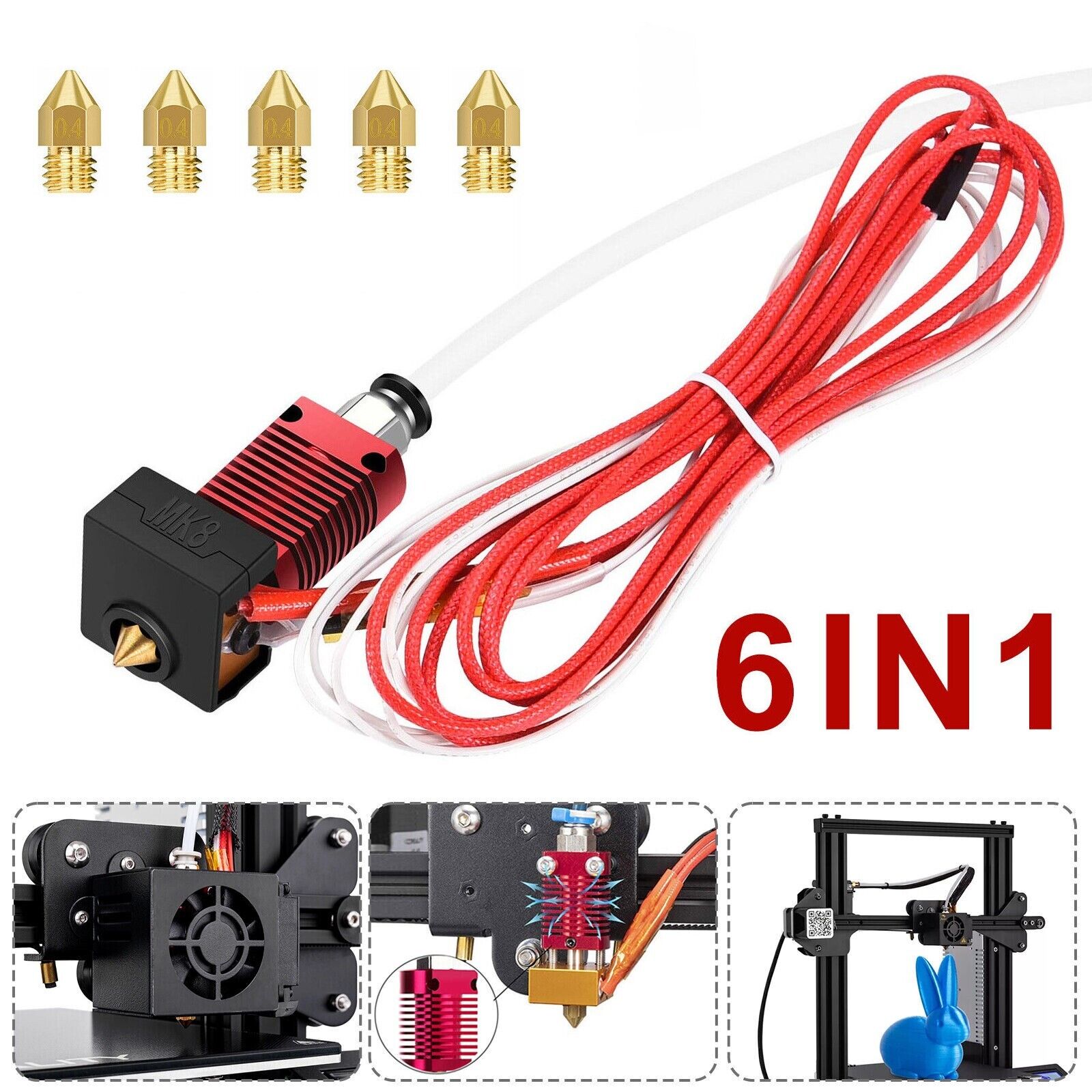 6in1 3D Printer Extruder Heater Hot End Nozzle Kit for Creality Ender-3/3 PRO/5