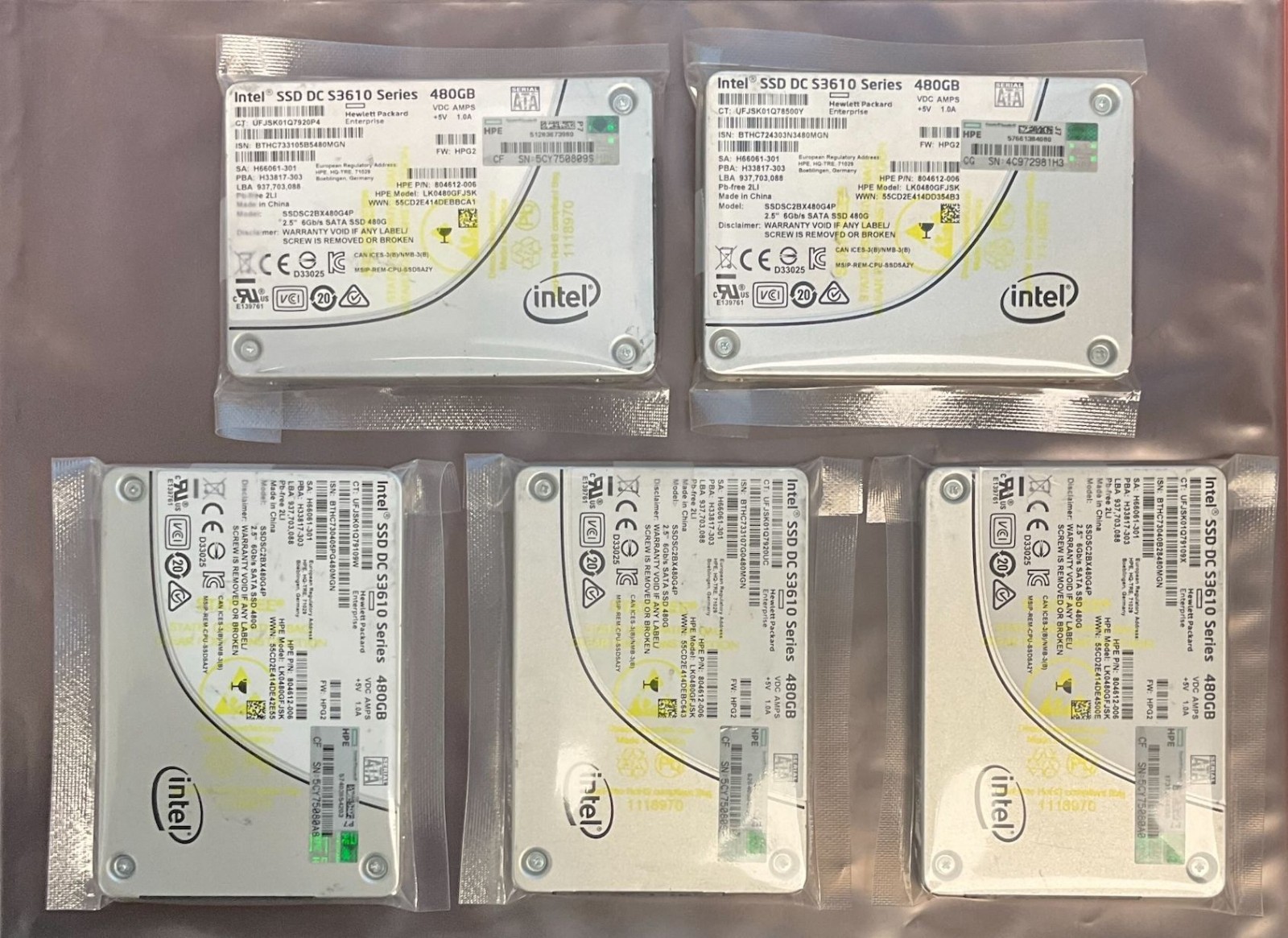 LOT OF 5 Intel DC S3610 480GB Enterprise 2.5\