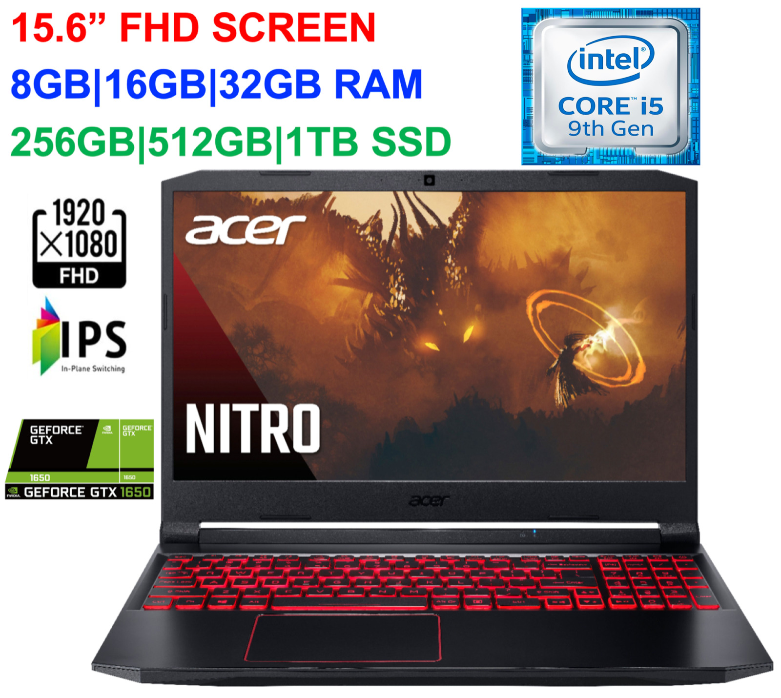 2020 Acer Nitro 5 15.6\'\' FHD Gaming Laptop Intel i5 GTX 1650,32GB RAM&1TB SSD