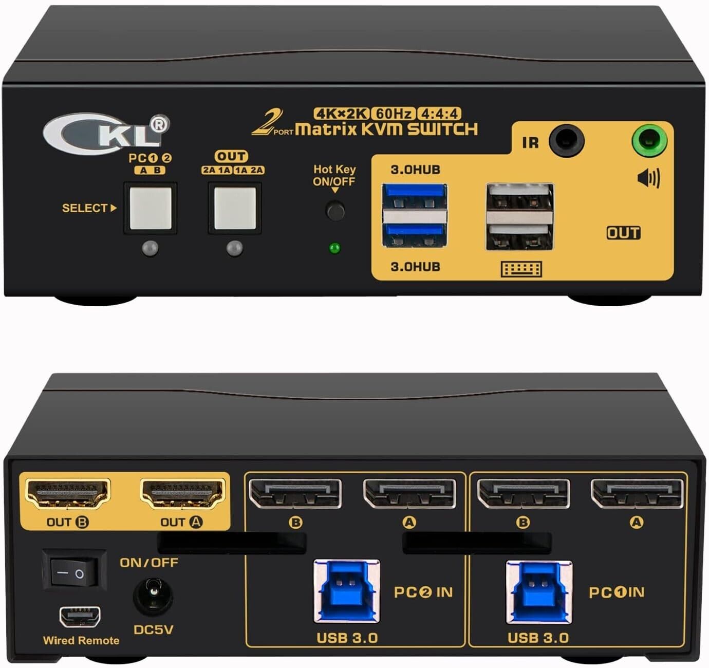 CKL 2x2 Matrix DisplayPort KVM Switch Dual Monitor USB 3.0 4K 60Hz PC Monitor