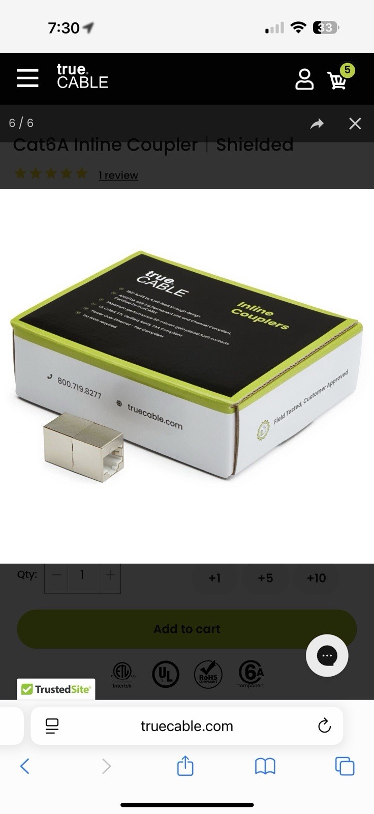 True cable Inline Coupler 12 Pieces Cat6A Shielded Inline Coupler 6ASINCPLR_12pc True cable Inline Coupler 12 Pieces Cat6A Shielded Inline Coupler 6ASINCPLR_12pc
