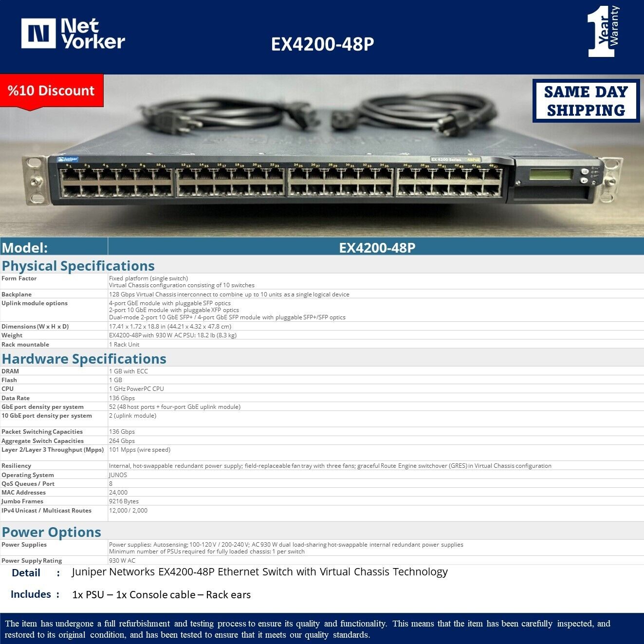 Juniper EX4200-48P 48 Port PoE Switch EX 4200 - Same Day Shipping*
