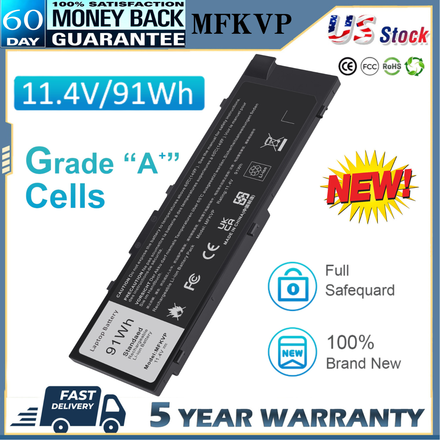 MFKVP Battery For Dell Precision 15 7510 7520 17 7710 7720 M7510 M7710 91Wh