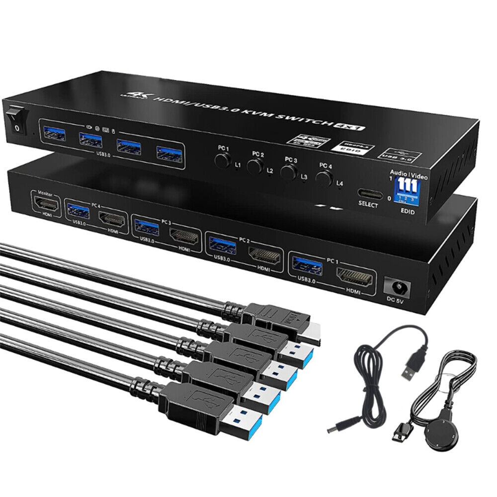 New- 4K HDMI KVM Switch USB 3.0 Dual Monitor 4 Ports 4K@60Hz 4 in 1 Out