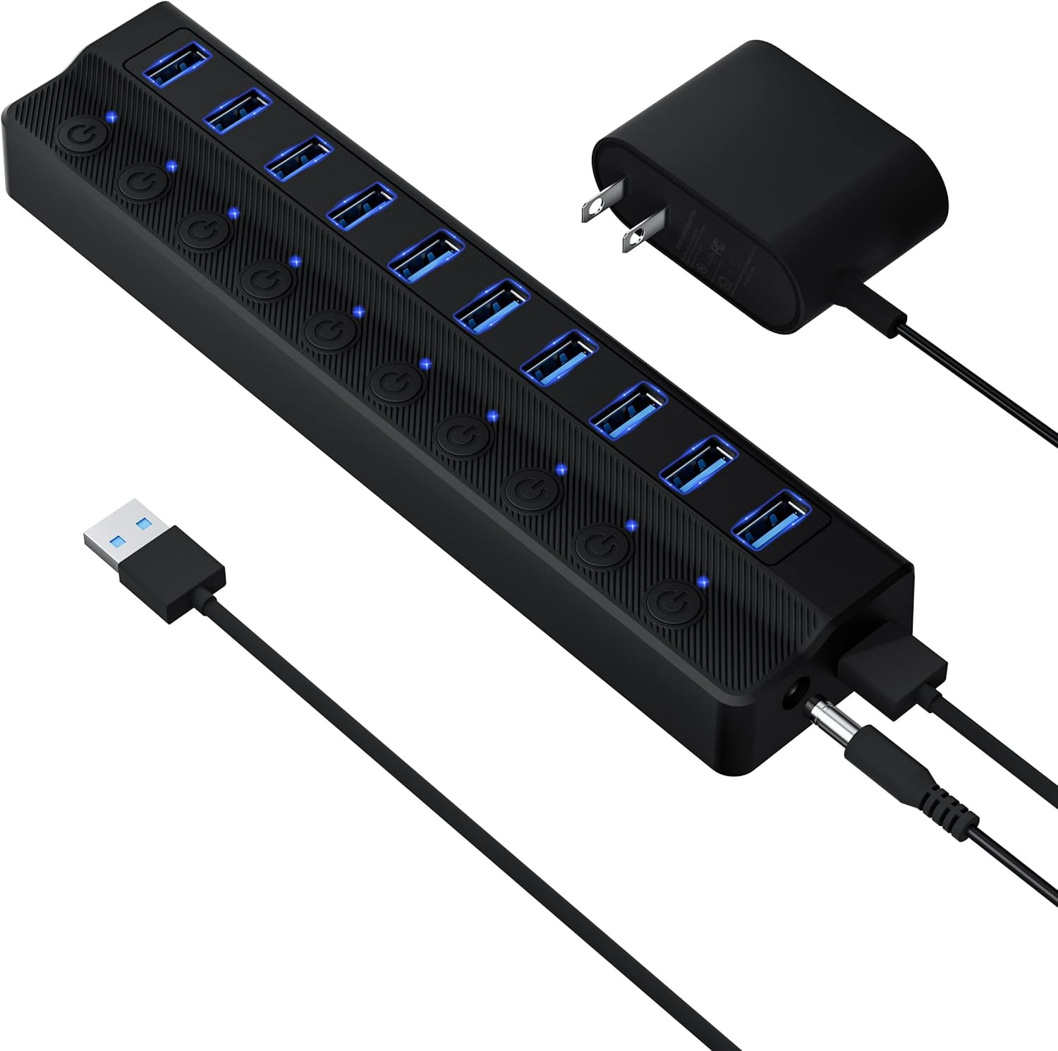 Powered USB Hub 3.0, 10-Port USB Splitter Hub with Individual On/Off Switches