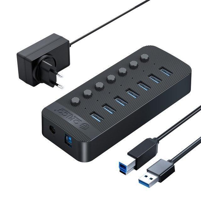 USB3.0 Hub Aluminum Industrial 7-Port Splitter Split Switch 12v Power Adapter