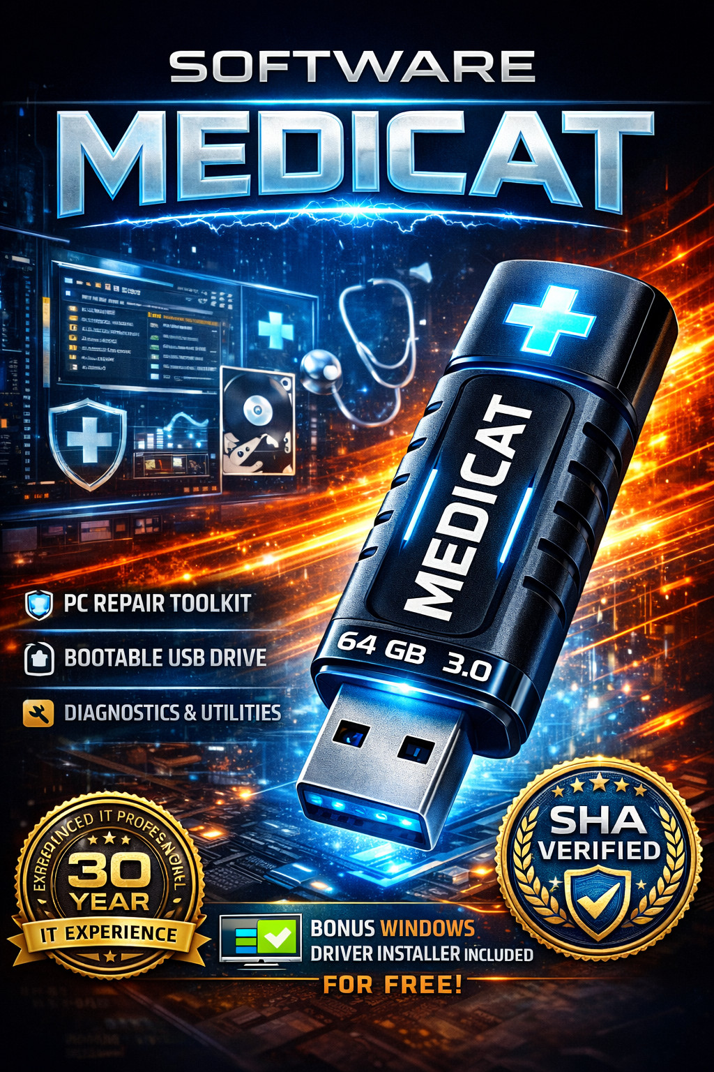 64GB USB 3.0 MediCat Bootable PC Repair Recovery Toolkit | System Rescue Boot Dr