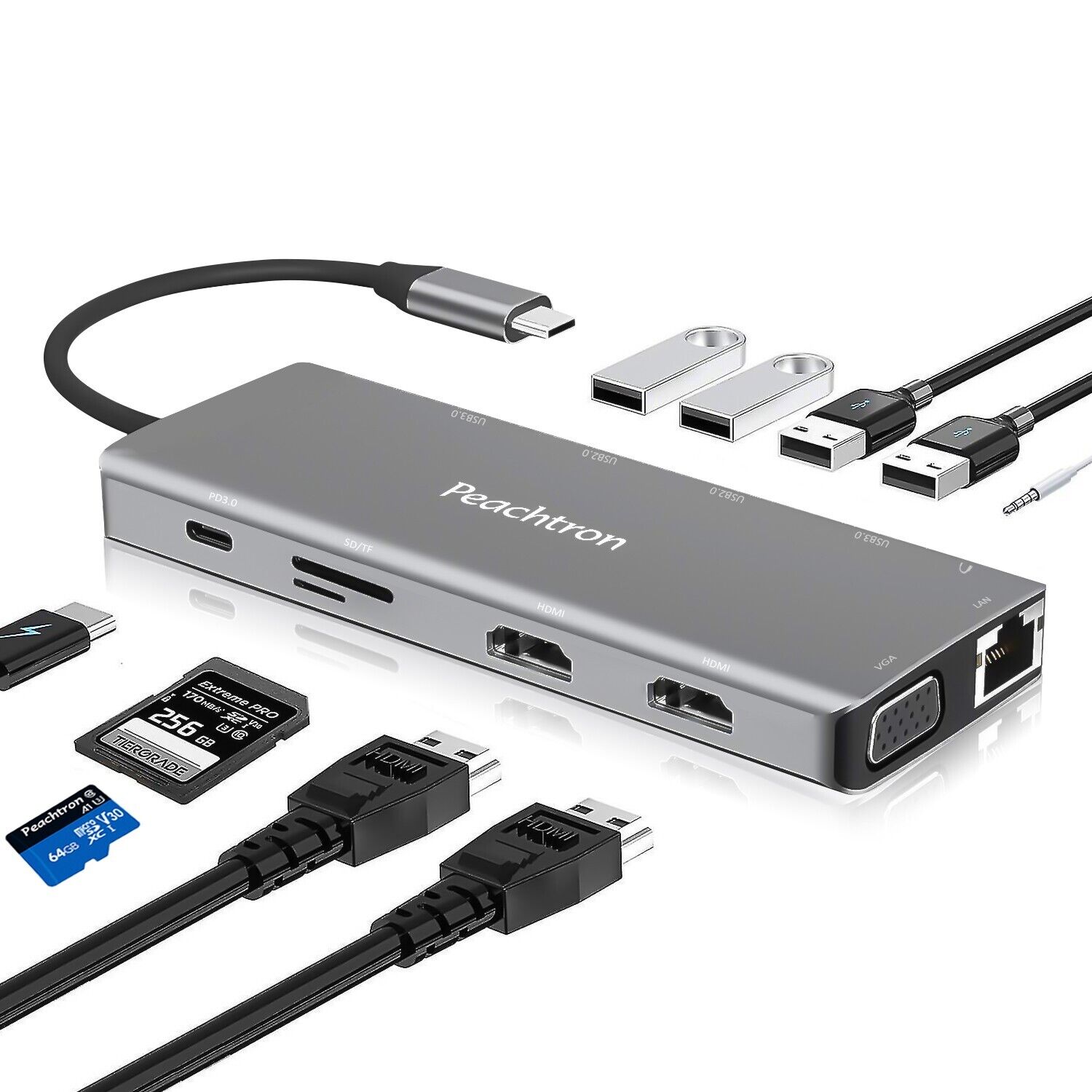 12 in 1 USB C Hub with 64GB SD Card, 4K HDMI Laptop Docking Station, USB Dongle