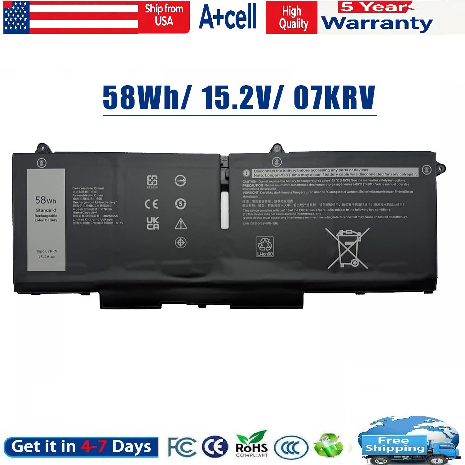 58Wh 07KRV FK0VR Battery For Dell Latitude 5330 5430 5530 7430 Precision 3570 58Wh 07KRV FK0VR Battery For Dell Latitude 5330 5430 5530 7430 Precision 3570