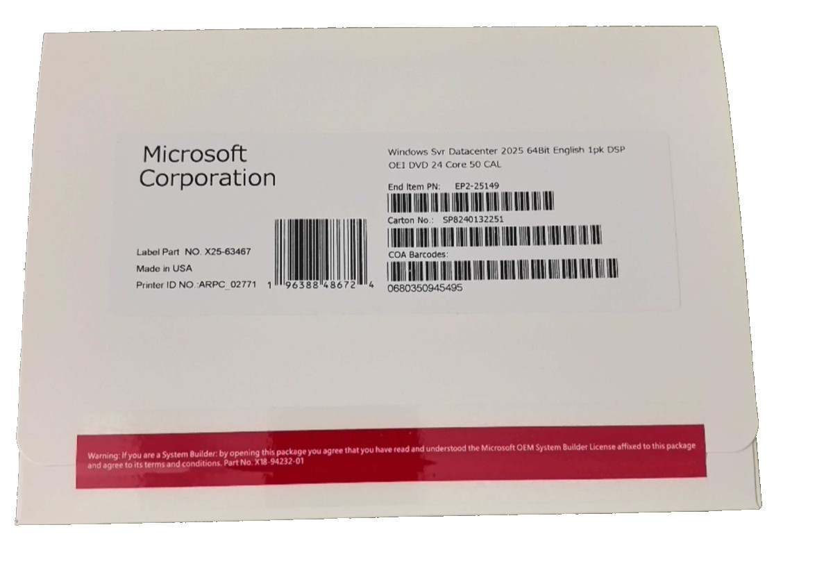 Win Server Datacenter 2025 64-Bit DVD 24 Core 50 DAL Brand New + Win Server Datacenter 2025 64-Bit DVD 24 Core 50 DAL Brand New +