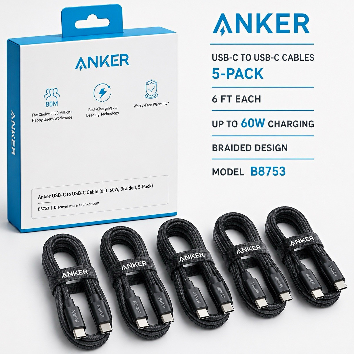 Anker USB-C to USB-C Cable 6 ft 60W Braided Black 5-Pack B8753 Anker USB-C to USB-C Cable 6 ft 60W Braided Black 5-Pack B8753