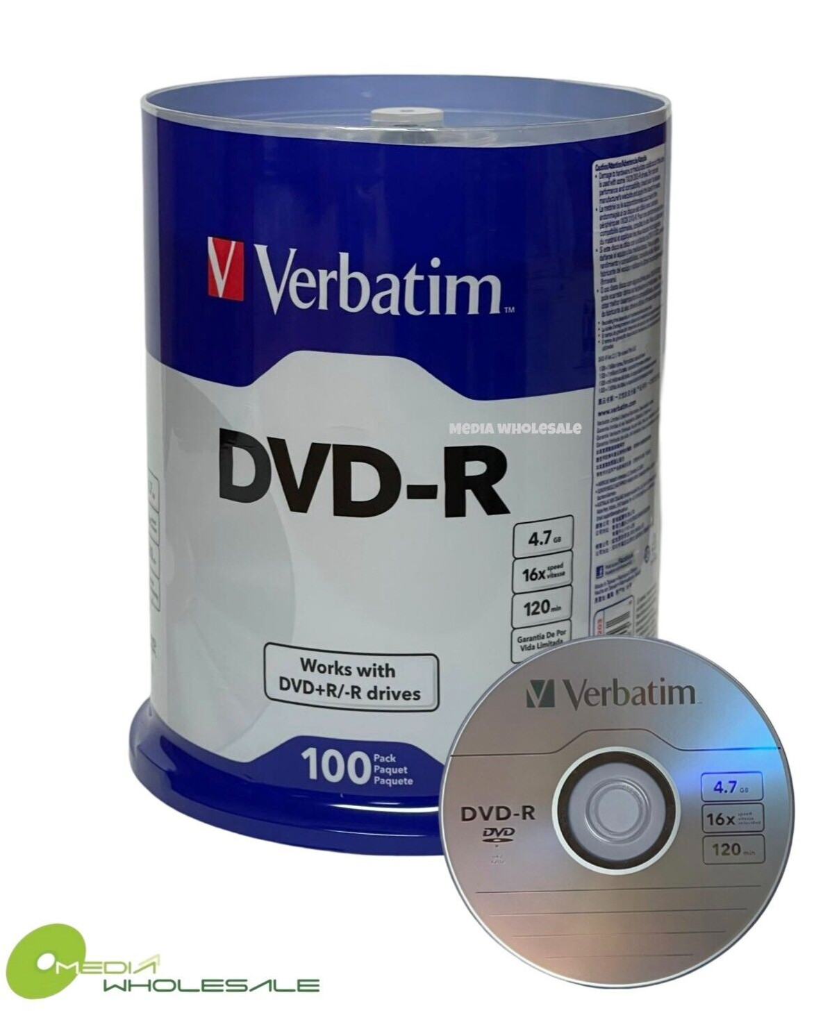 VERBATIM Blank 16X DVD-R DVDR 4.7GB Branded Logo 100pk Spindle Recordable Disc VERBATIM Blank 16X DVD-R DVDR 4.7GB Branded Logo 100pk Spindle Recordable Disc