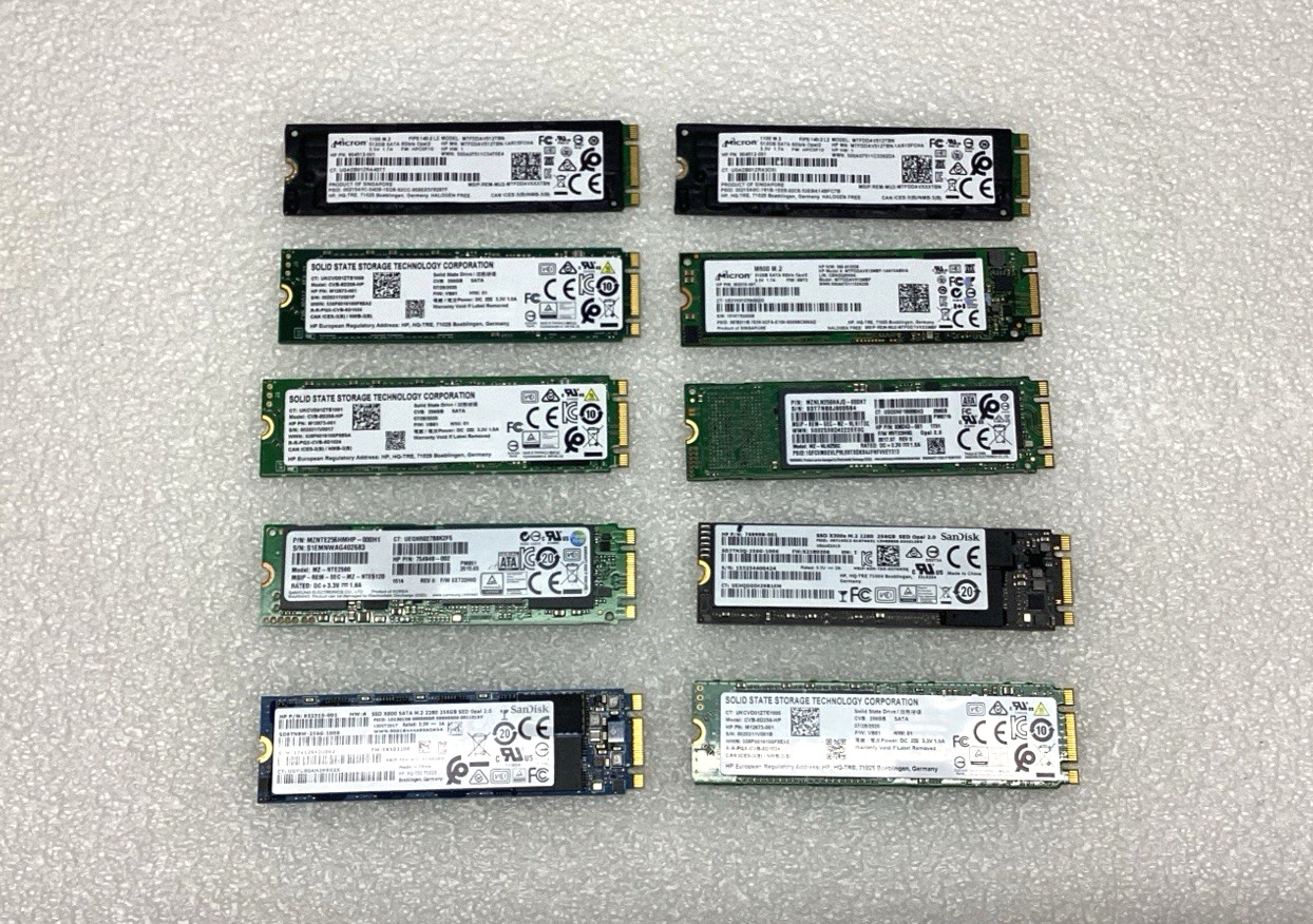 Bulk Lot of 10 Assorted 256GB & 512GB M.2 2280 SATA MCL 3 x 512GB & 7 x 256GB Bulk Lot of 10 Assorted 256GB & 512GB M.2 2280 SATA MCL 3 x 512GB & 7 x 256GB