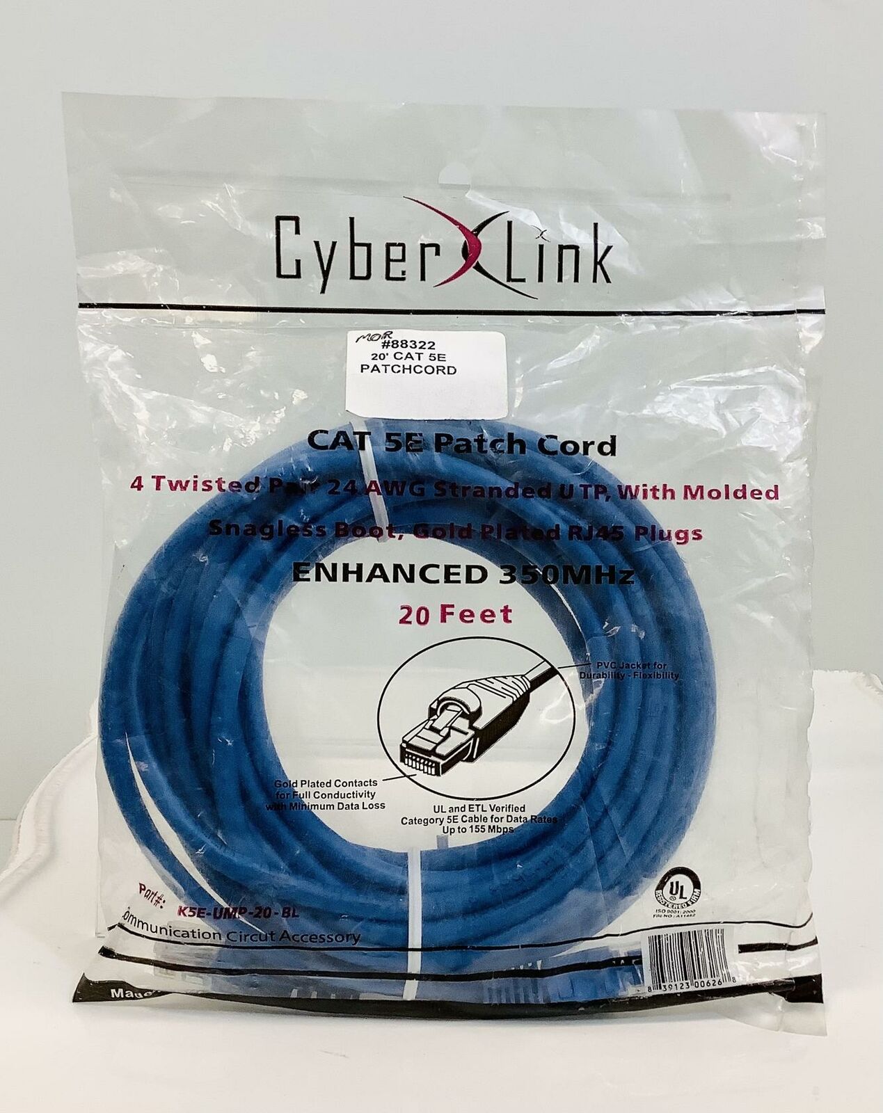 Cyber Link Cat 5E Patch Cord- 4 Twisted Pair-24 AWG Stranded UTP- 20' Long..