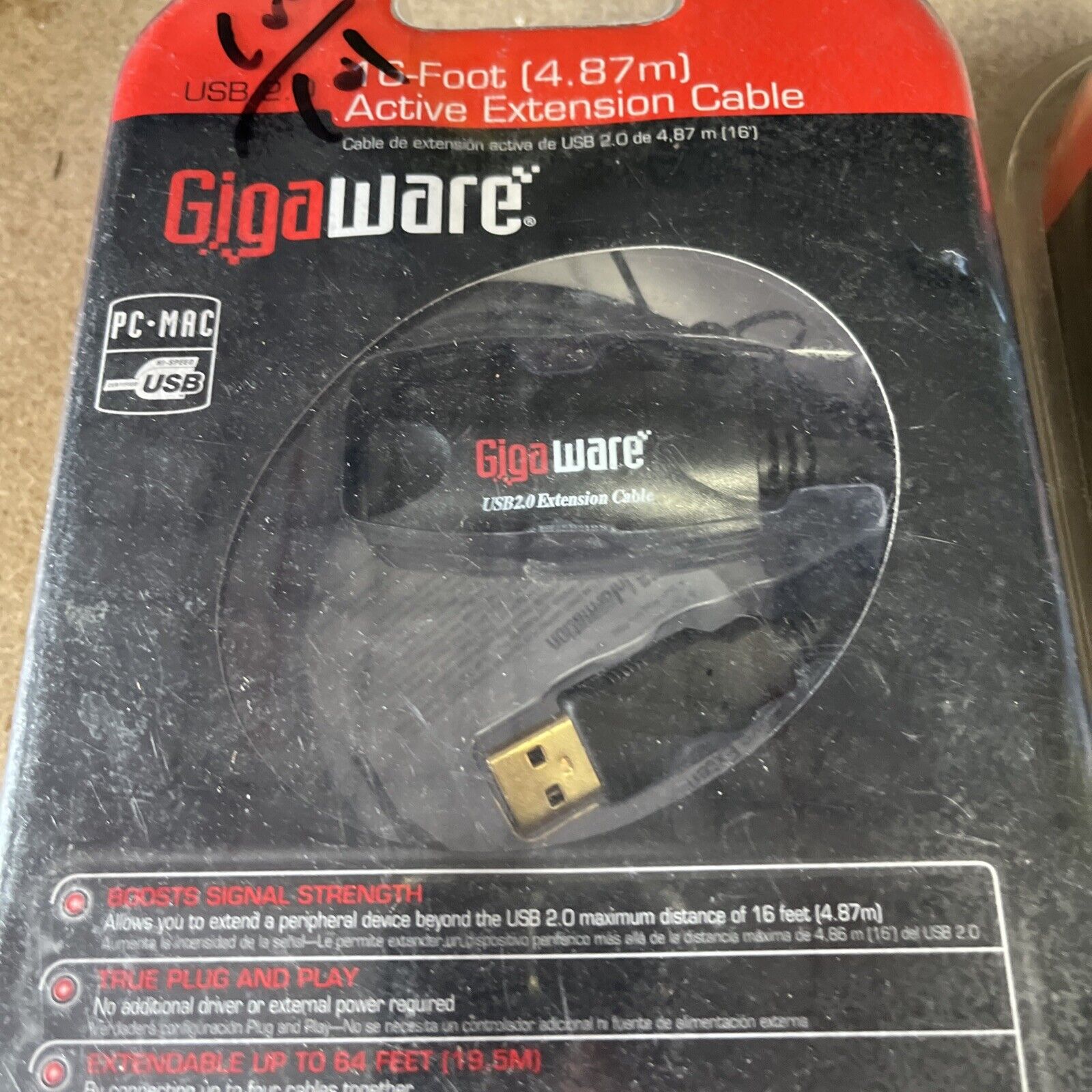 Gigaware USB 2.0 16-Ft Active Extension Cable Gold Plated Connector Lot Of 2
