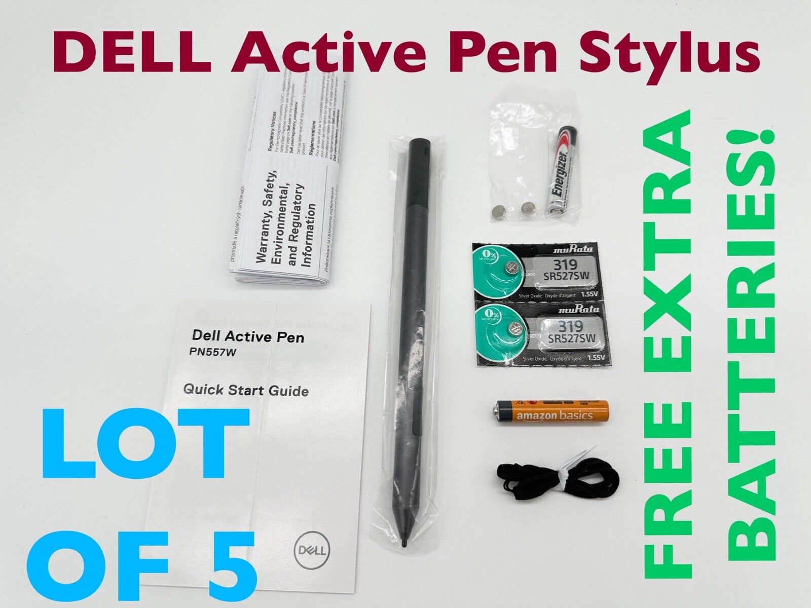 LOT OF 5 Dell Active Pen Stylus PN557W Unused/Open Box+FREE BATTERIES