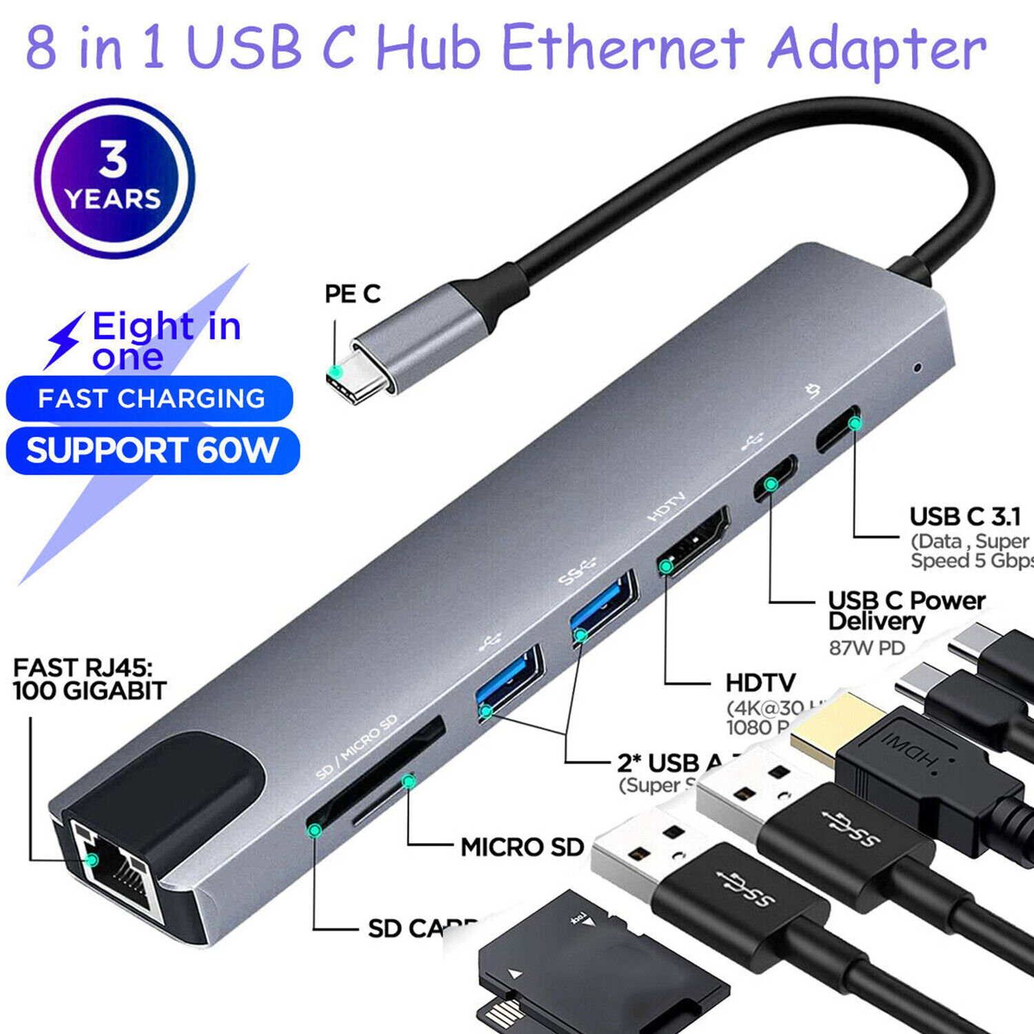 8in1 USB Type C Hub USB3.0 4K HDMI RJ45 SD/TF Dongle Adapter for Macbook Pro Air