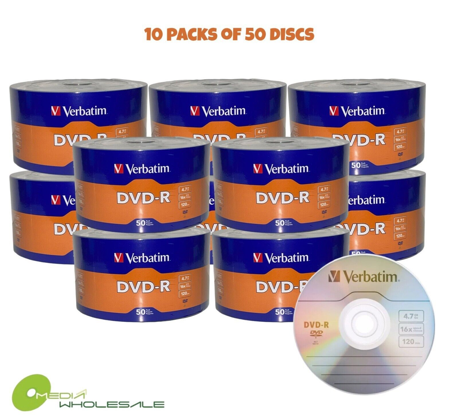 500 VERBATIM Blank 16X DVD-R DVDR Branded Logo 4.7GB Recordable Media Disc 500 VERBATIM Blank 16X DVD-R DVDR Branded Logo 4.7GB Recordable Media Disc